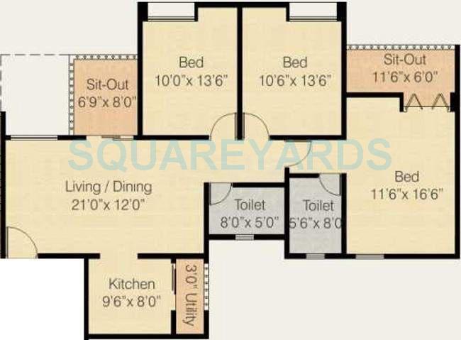 Floor plan of 3 BHK 1443 Sq. Ft. Apartment in Nyati Equatorial, Pune