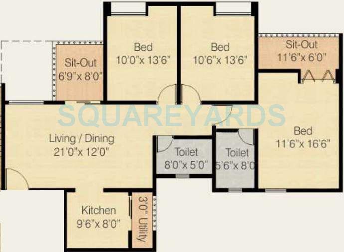 Floor plan of 3 BHK 1822 Sq. Ft. Apartment in Nyati Equatorial, Pune