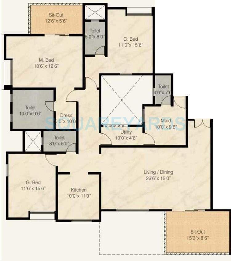 Floor plan of 3 BHK 2494 Sq. Ft. Apartment in Nyati Equatorial, Pune