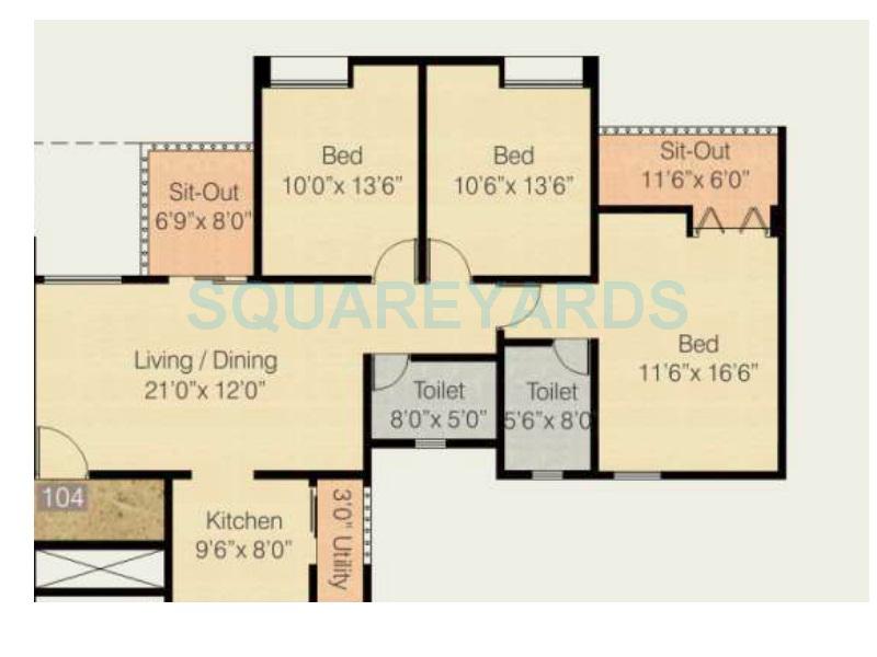 Floor plan of 3 BHK 1821 Sq. Ft. Apartment in Nyati Equatorial II, Pune