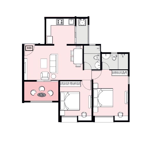 Floor plan of 2 BHK 809 Sq. Ft. Apartment in Nyati Era, Pune