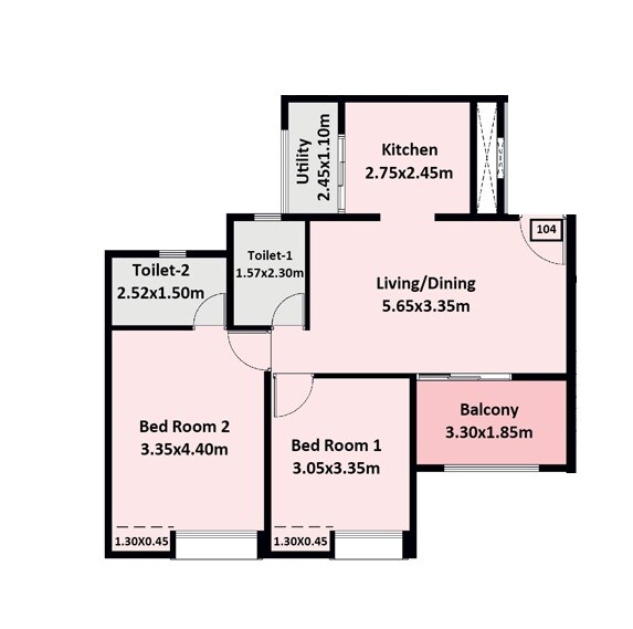 Floor plan of 2 BHK 835 Sq. Ft. Apartment in Nyati Era, Pune