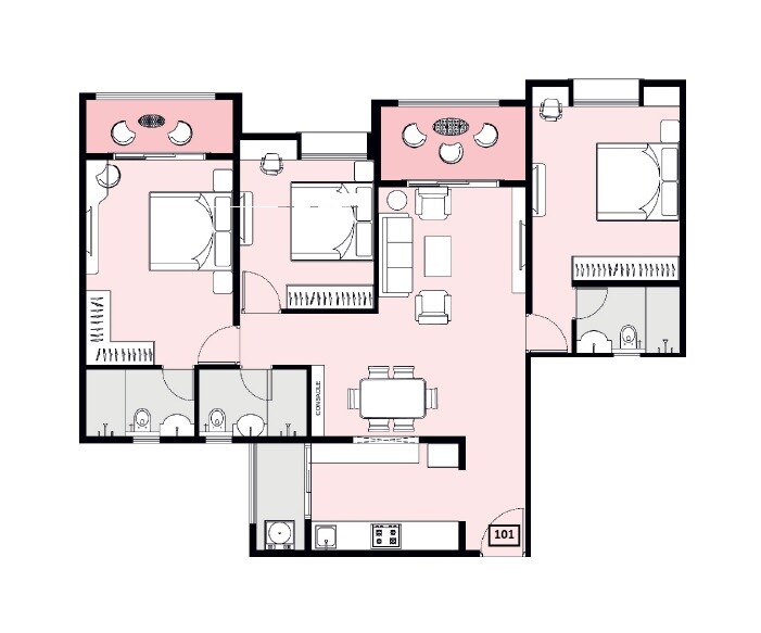 Floor plan of 3 BHK 1175 Sq. Ft. Apartment in Nyati Era, Pune