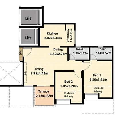 Floor plan of 2 BHK 563 Sq. Ft. Apartment in Nyati Erica, Pune