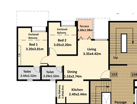 Floor plan of 2 BHK 598 Sq. Ft. Apartment in Nyati Erica, Pune