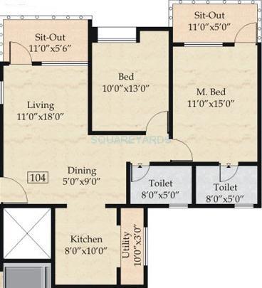 Floor plan of 2 BHK 1037 Sq. Ft. Apartment in Nyati Esplanade, Pune