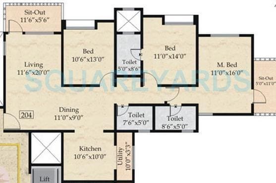 Floor plan of 3 BHK 1626 Sq. Ft. Apartment in Nyati Esplanade, Pune