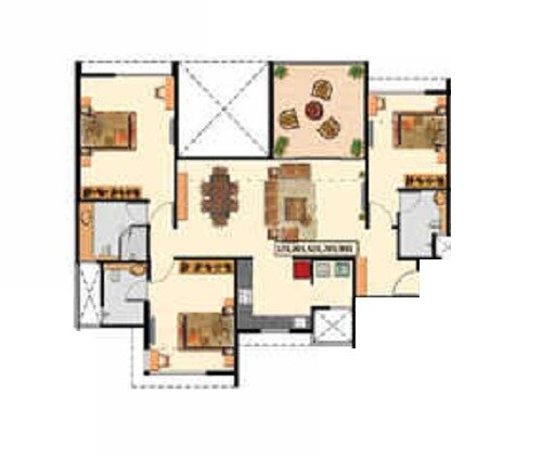 Floor plan of 3 BHK 1096 Sq. Ft. Apartment in Nyati Esteban, Pune