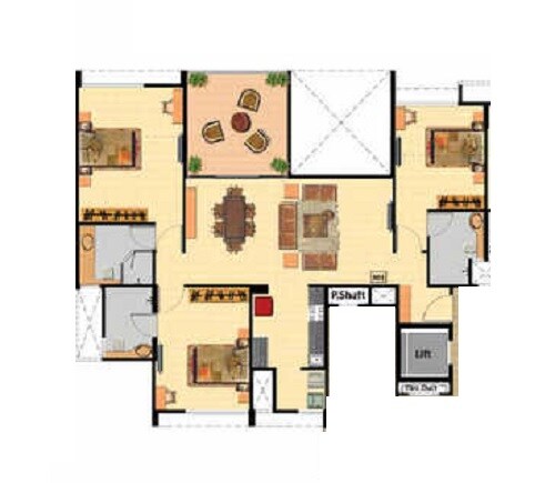 Floor plan of 3 BHK 1325 Sq. Ft. Apartment in Nyati Esteban, Pune