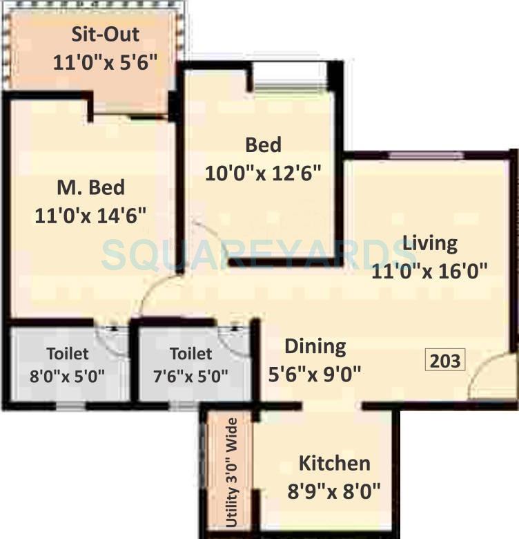 Floor plan of 2 BHK 1202 Sq. Ft. Apartment in Nyati Eternity, Pune