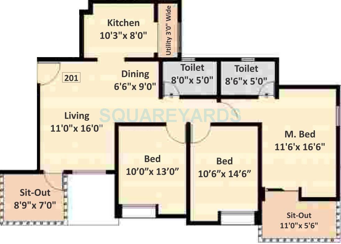 Floor plan of 3 BHK 1400 Sq. Ft. Apartment in Nyati Eternity, Pune