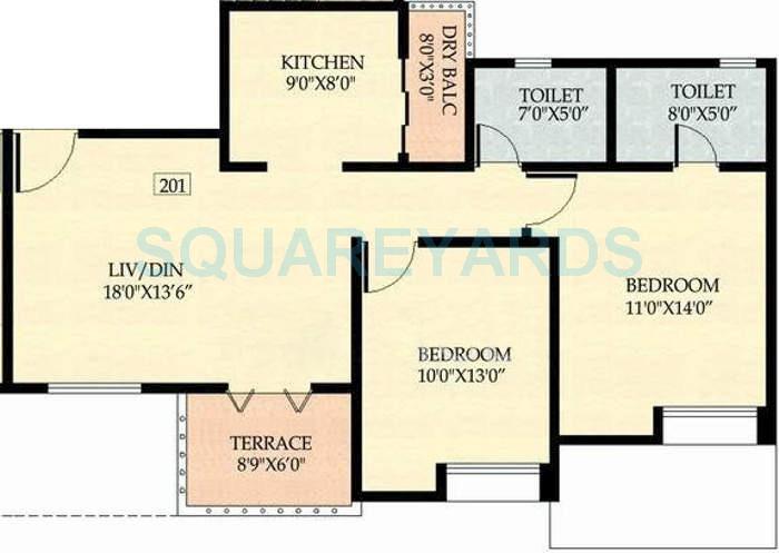 Floor plan of 2 BHK 1100 Sq. Ft. Apartment in Nyati Ethos, Pune