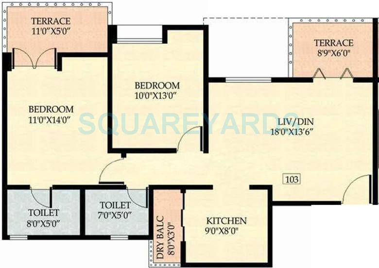 Floor plan of 2 BHK 1131 Sq. Ft. Apartment in Nyati Ethos, Pune