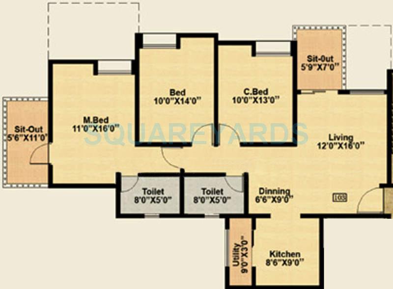 Floor plan of 3 BHK 1358 Sq. Ft. Apartment in Nyati Ethos, Pune