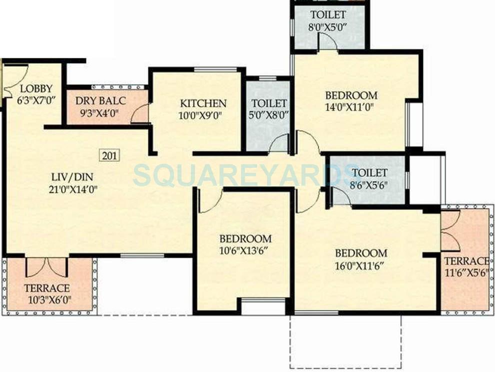 Floor plan of 3 BHK 1407 Sq. Ft. Apartment in Nyati Ethos, Pune