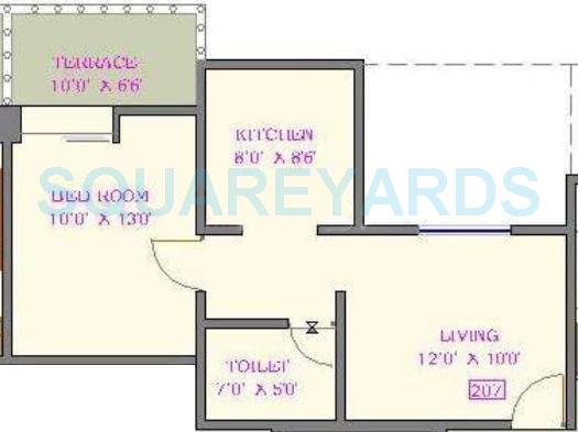 Floor plan of 1 BHK 599 Sq. Ft. Apartment in Nyati Evita, Pune