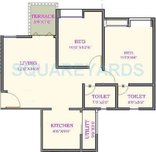Floor plan of 2 BHK 1023 Sq. Ft. Apartment in Nyati Evita, Pune