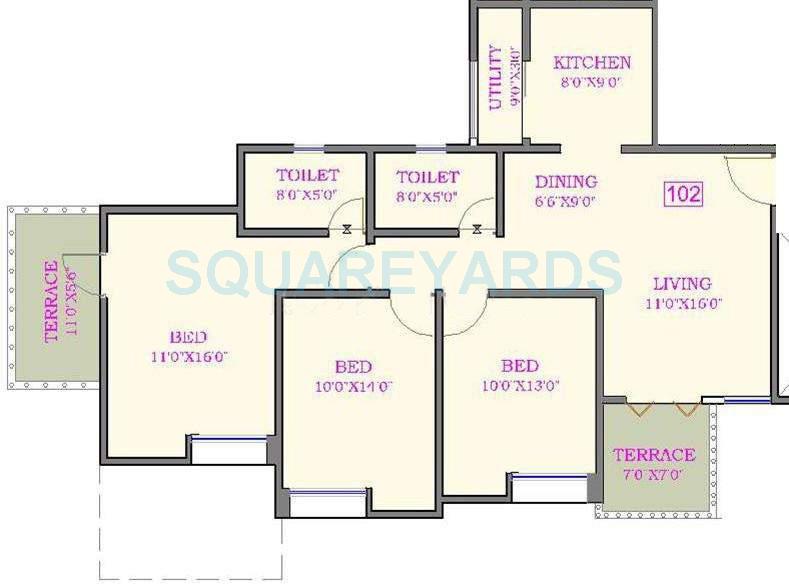 Floor plan of 3 BHK 1361 Sq. Ft. Apartment in Nyati Evita, Pune