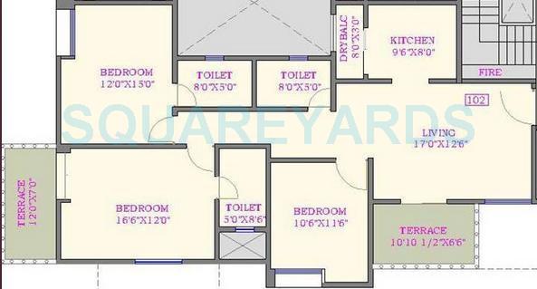 Floor plan of 3 BHK 1413 Sq. Ft. Apartment in Nyati Evita, Pune