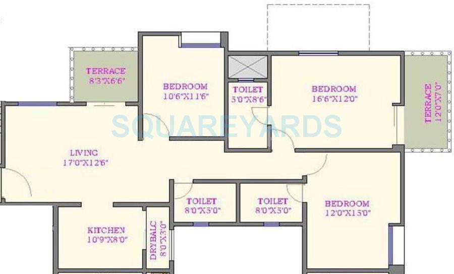 Floor plan of 3 BHK 1575 Sq. Ft. Apartment in Nyati Evita, Pune