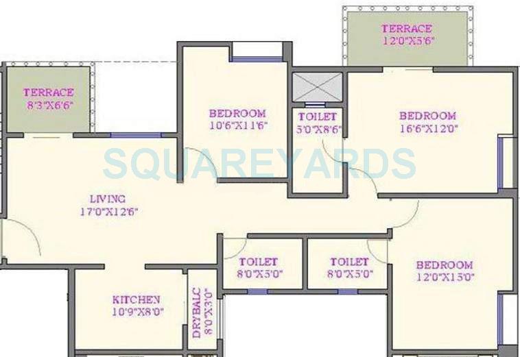 Floor plan of 3 BHK 1609 Sq. Ft. Apartment in Nyati Evita, Pune