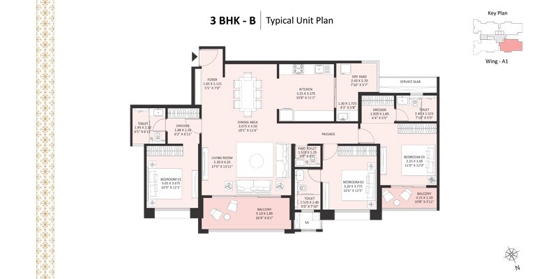 Floor plan of 3 BHK 1519 Sq. Ft. Apartment in Nyati Evoque, Pune