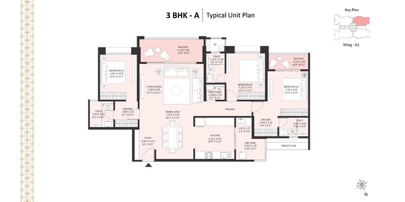 Floor plan of 3 BHK 1553 Sq. Ft. Apartment in Nyati Evoque, Pune