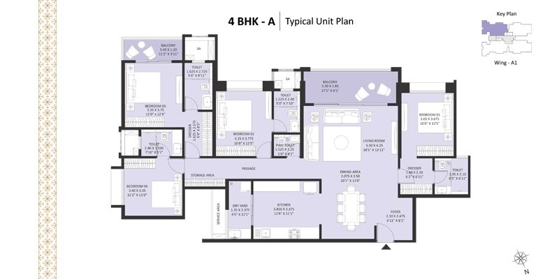 Floor plan of 4 BHK 1780 Sq. Ft. Apartment in Nyati Evoque, Pune