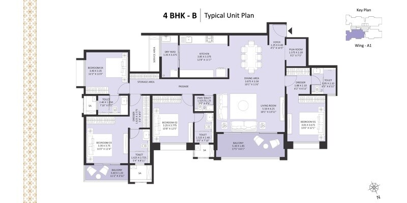 Floor plan of 4 BHK 1836 Sq. Ft. Apartment in Nyati Evoque, Pune