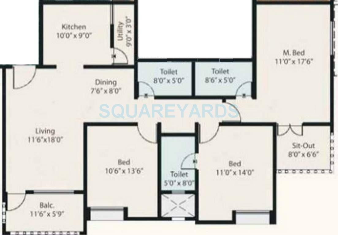 Floor plan of 3 BHK 1500 Sq. Ft. Apartment in Nyati Exotica, Pune