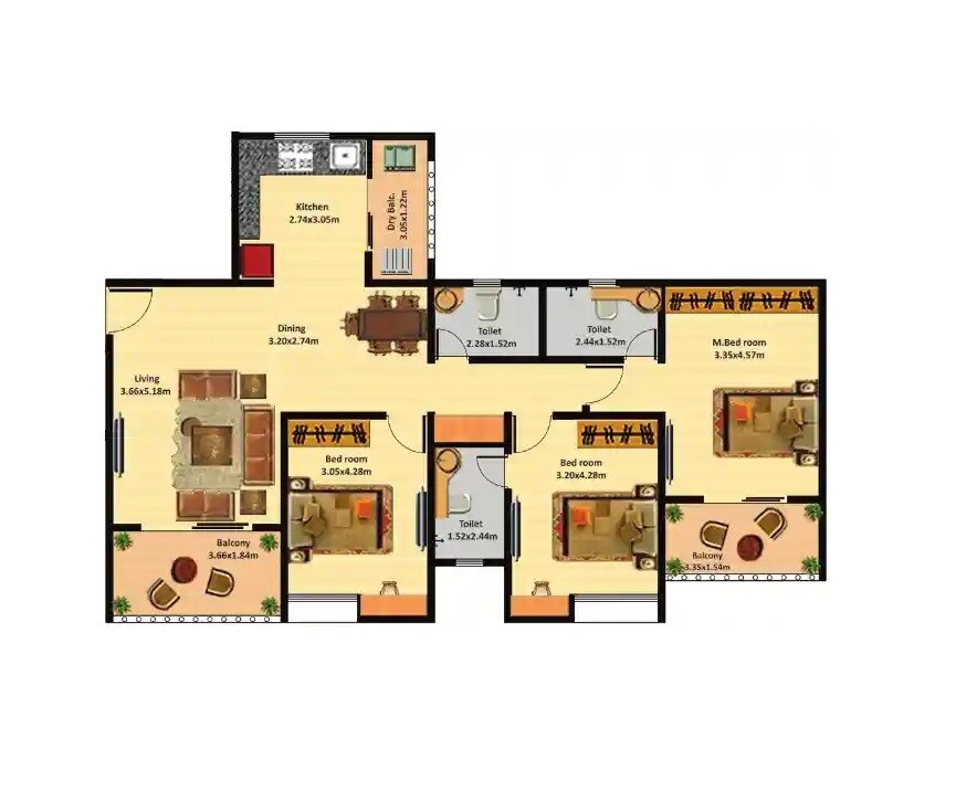 Floor plan of 3 BHK 1077 Sq. Ft. Apartment in Nyati Group Evolve 1, Pune