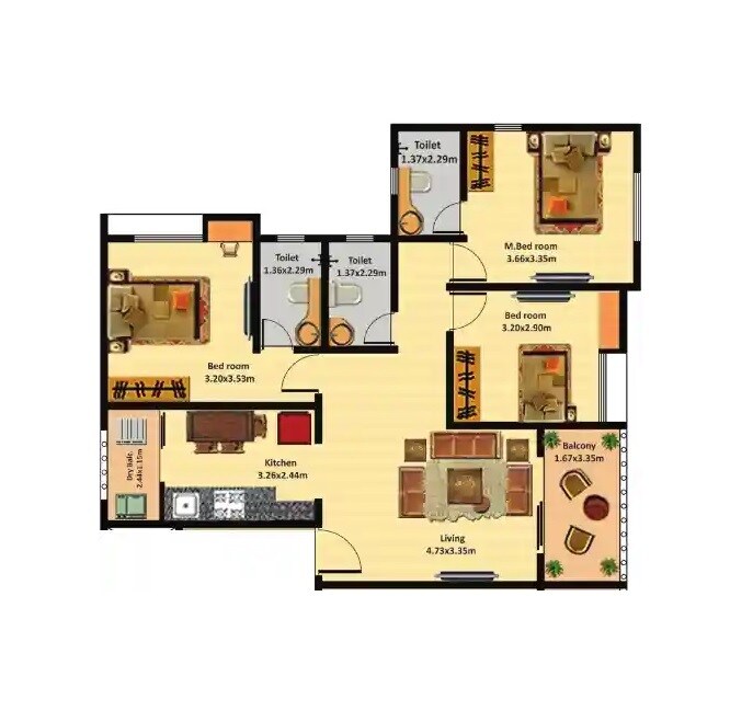 Floor plan of 3 BHK 875 Sq. Ft. Apartment in Nyati Group Evolve 1, Pune