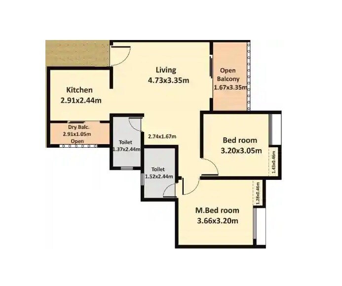 Floor plan of 2 BHK 675 Sq. Ft. Apartment in Nyati Group Evolve 2, Pune