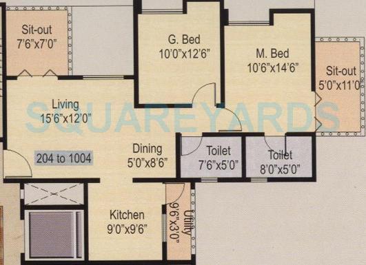 Floor plan of 2 BHK 1204 Sq. Ft. Apartment in Nyati Iris, Pune