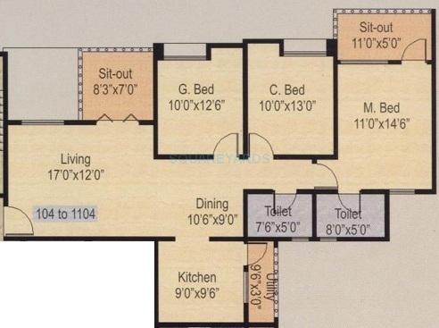 Floor plan of 3 BHK 1385 Sq. Ft. Apartment in Nyati Iris, Pune