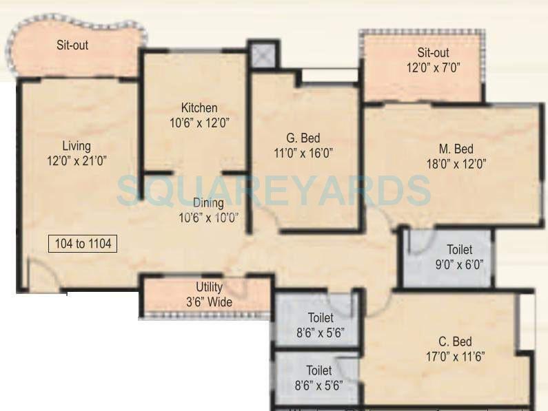 Floor plan of 3 BHK 2385 Sq. Ft. Apartment in Nyati Wind Chimes, Pune