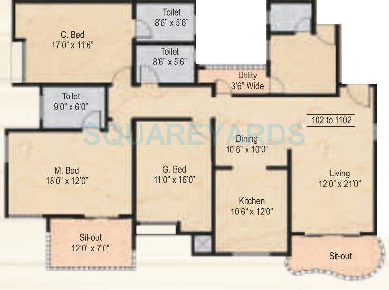 Floor plan of 3 BHK 2456 Sq. Ft. Apartment in Nyati Wind Chimes, Pune