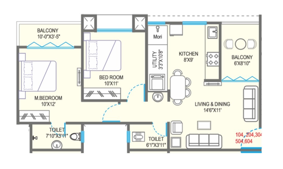 Floor plan of 2 BHK 665 Sq. Ft. Apartment in Ogale Aditya Aura, Pune