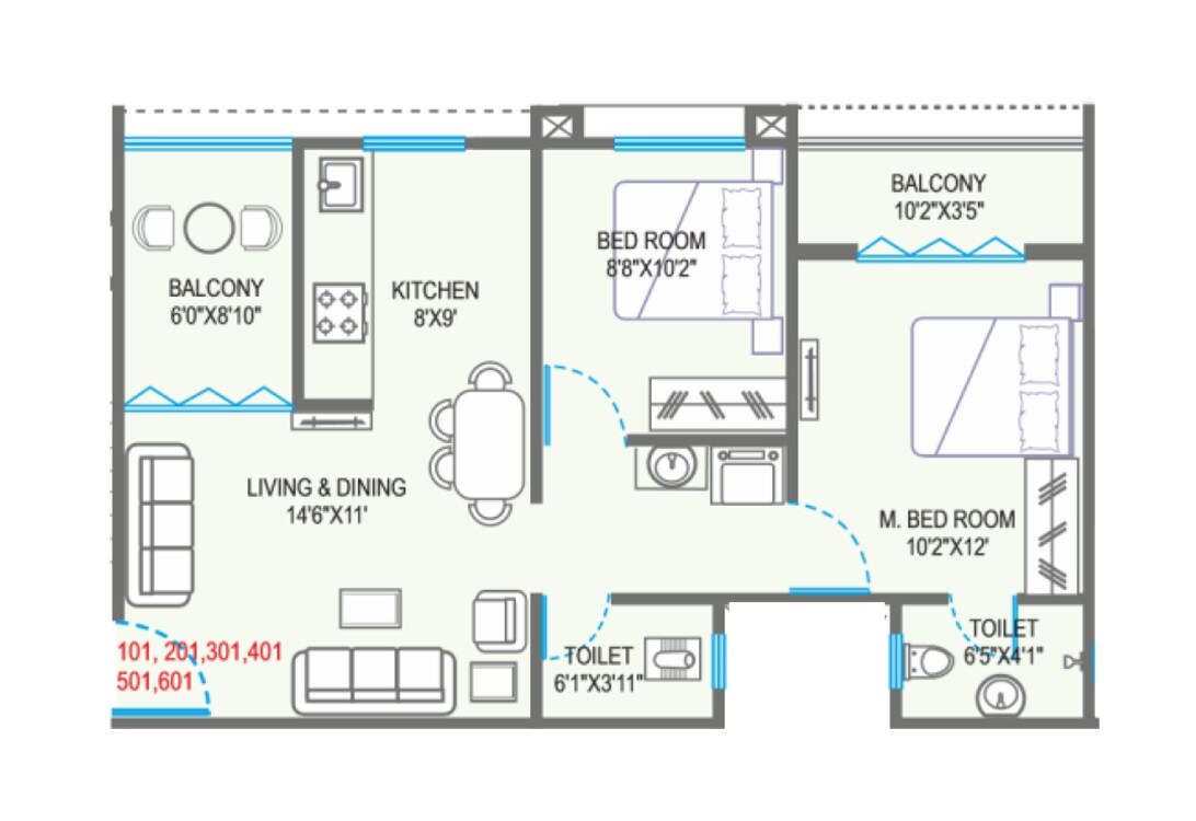 Floor plan of 2 BHK 740 Sq. Ft. Apartment in Ogale Aditya Aura, Pune