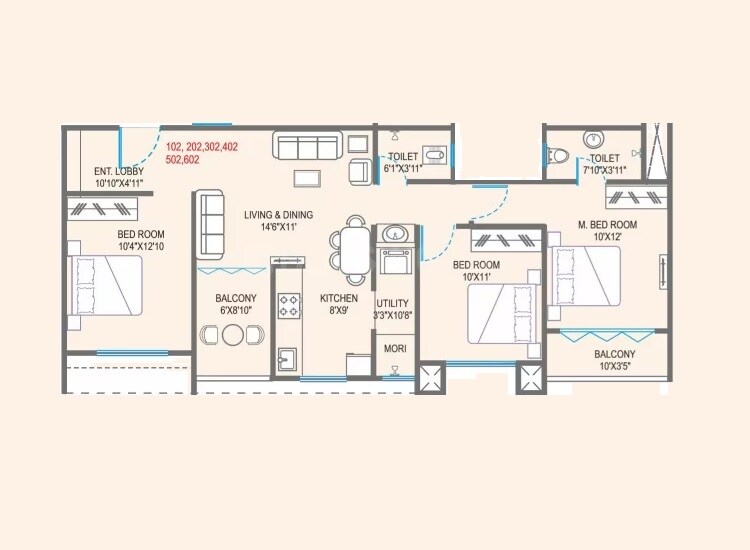 Floor plan of 3 BHK 936 Sq. Ft. Apartment in Ogale Aditya Aura, Pune