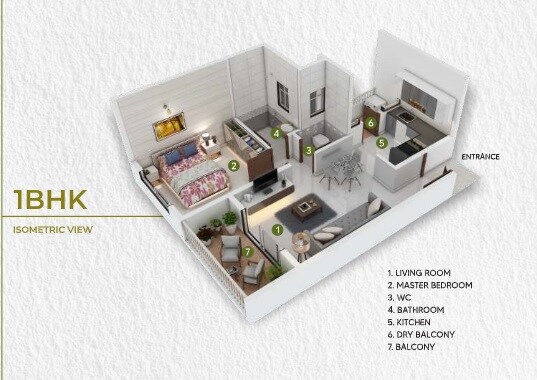 Floor plan of 1 BHK 450 Sq. Ft. Apartment in Om Sai Panora, Pune