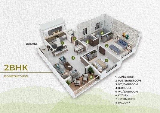 Floor plan of 2 BHK 674 Sq. Ft. Apartment in Om Sai Panora, Pune