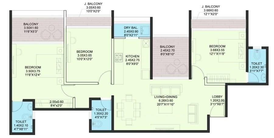Floor plan of 3 BHK 1135 Sq. Ft. Apartment in Om Sky Stories, Pune