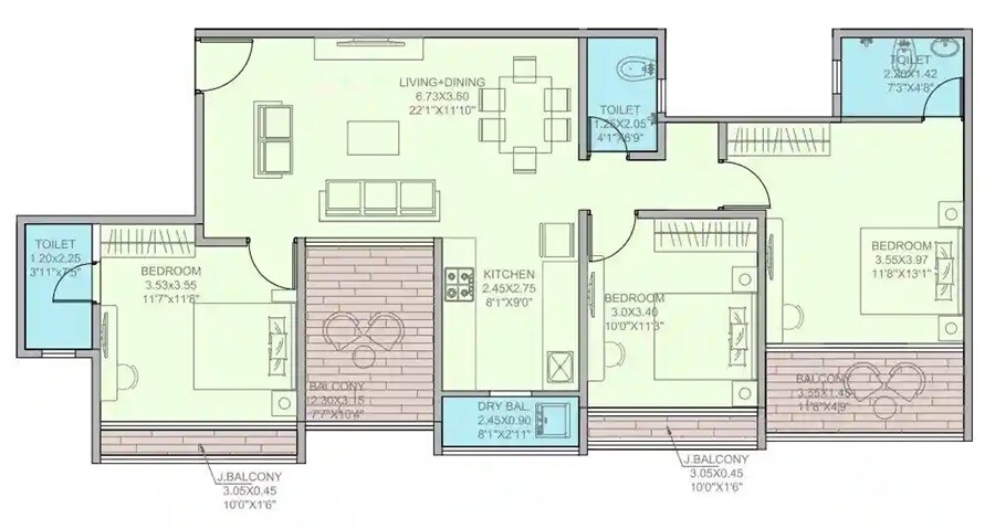 Floor plan of 3 BHK 946 Sq. Ft. Apartment in Om Sky Stories, Pune