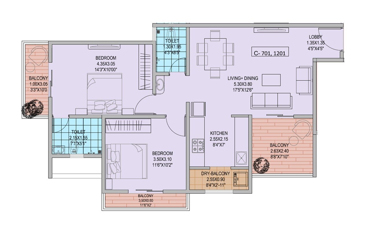 Floor plan of 2 BHK Apartment - 822 sq. ft. in OM Sky World, Pune