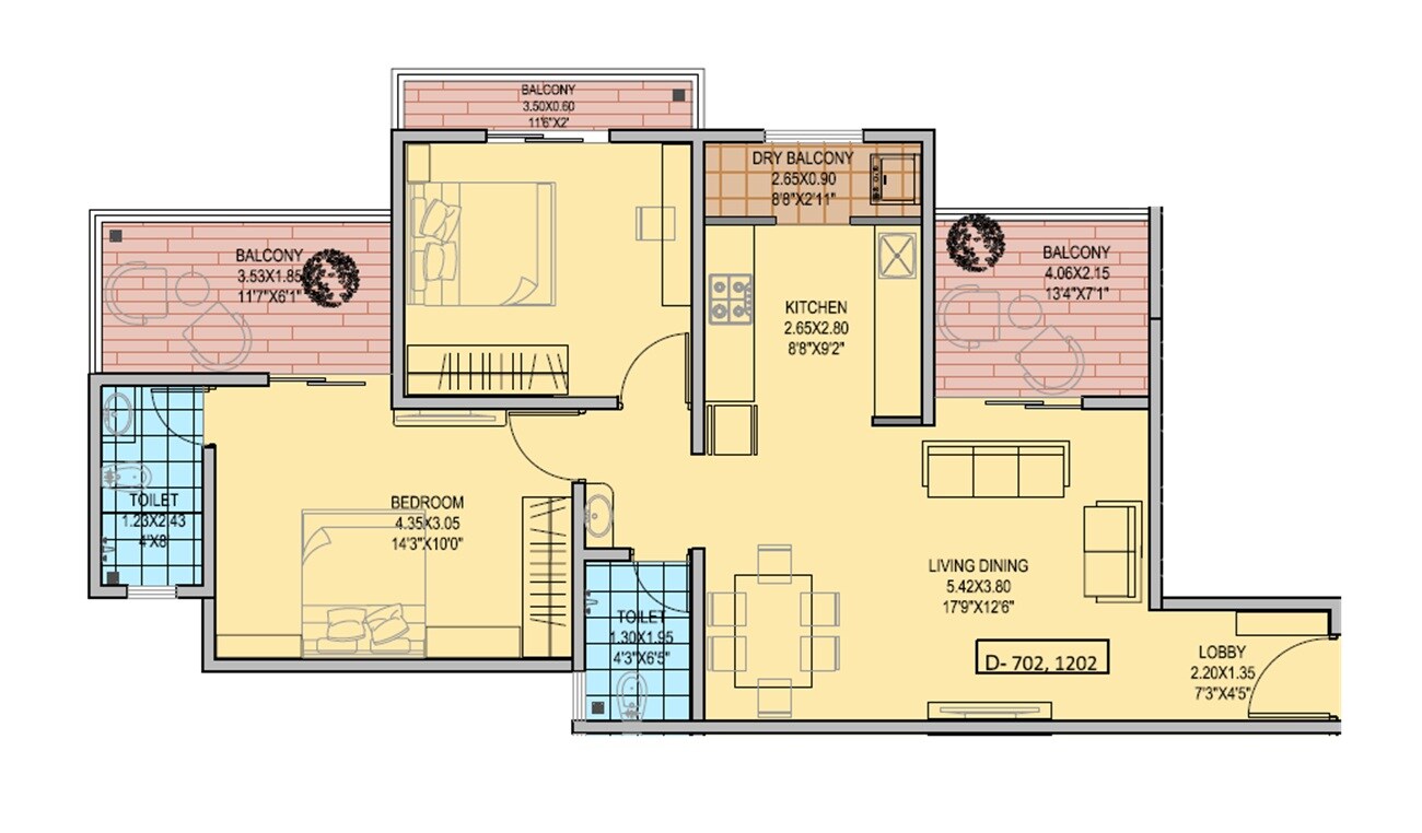 Floor plan of 2 BHK Apartment - 900 sq. ft. in OM Sky World, Pune
