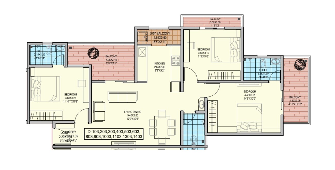Floor plan of 3 BHK Apartment - 1058 sq. ft. in OM Sky World, Pune