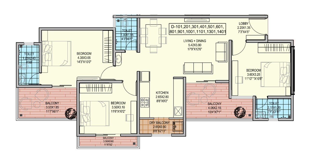 Floor plan of 3 BHK Apartment - 1068 sq. ft. in OM Sky World, Pune
