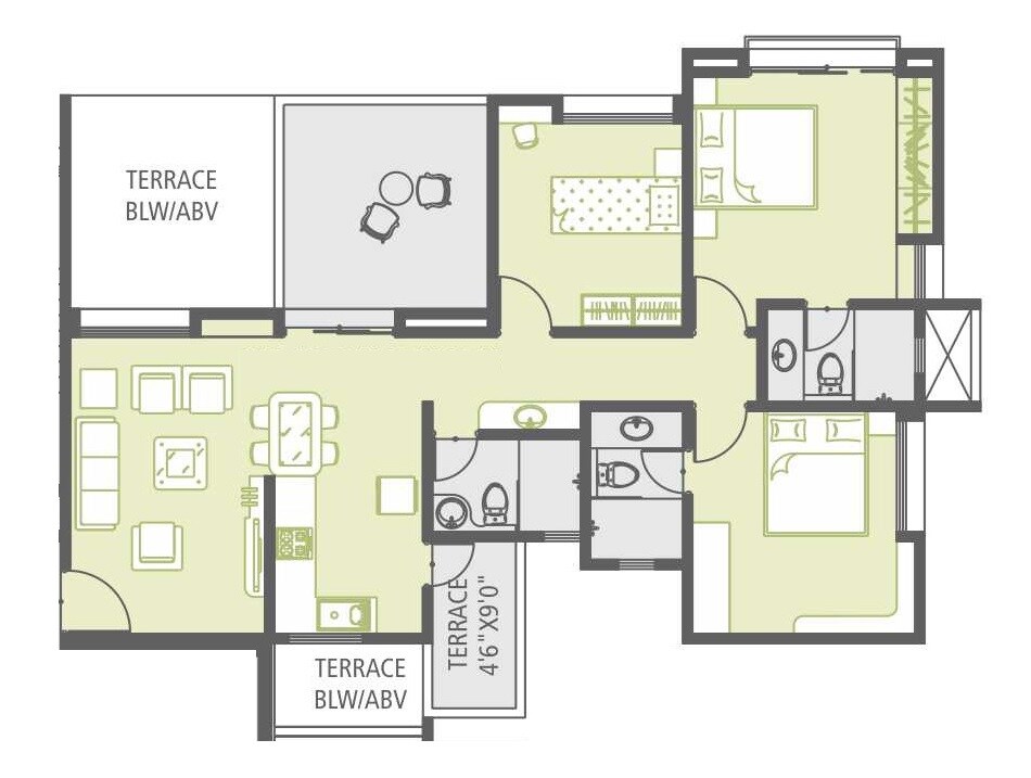 Floor plan of 3 BHK 954 Sq. Ft. Apartment in Om Tropica, Pune