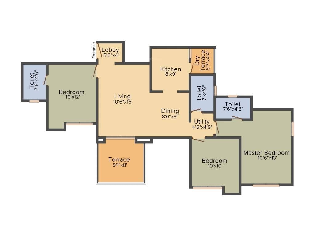 Floor plan of 3 BHK 781 Sq. Ft. Apartment in Om Tropical Palms, Pune
